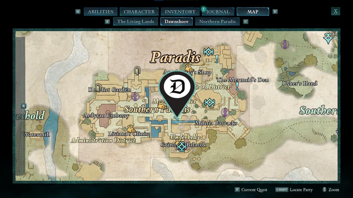 Dawnshore bounty board location on Avowed map.