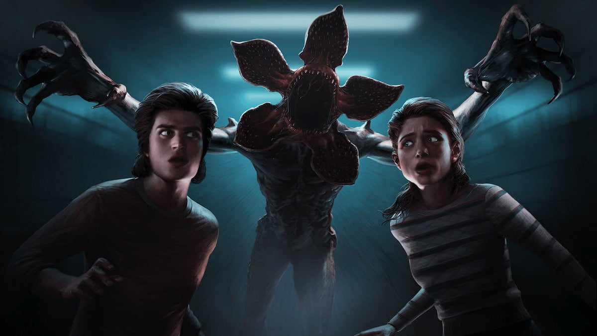 An image of art from Dead by Daylight of the Demogorgon attacking Steve and Nancy from Stranger Things.