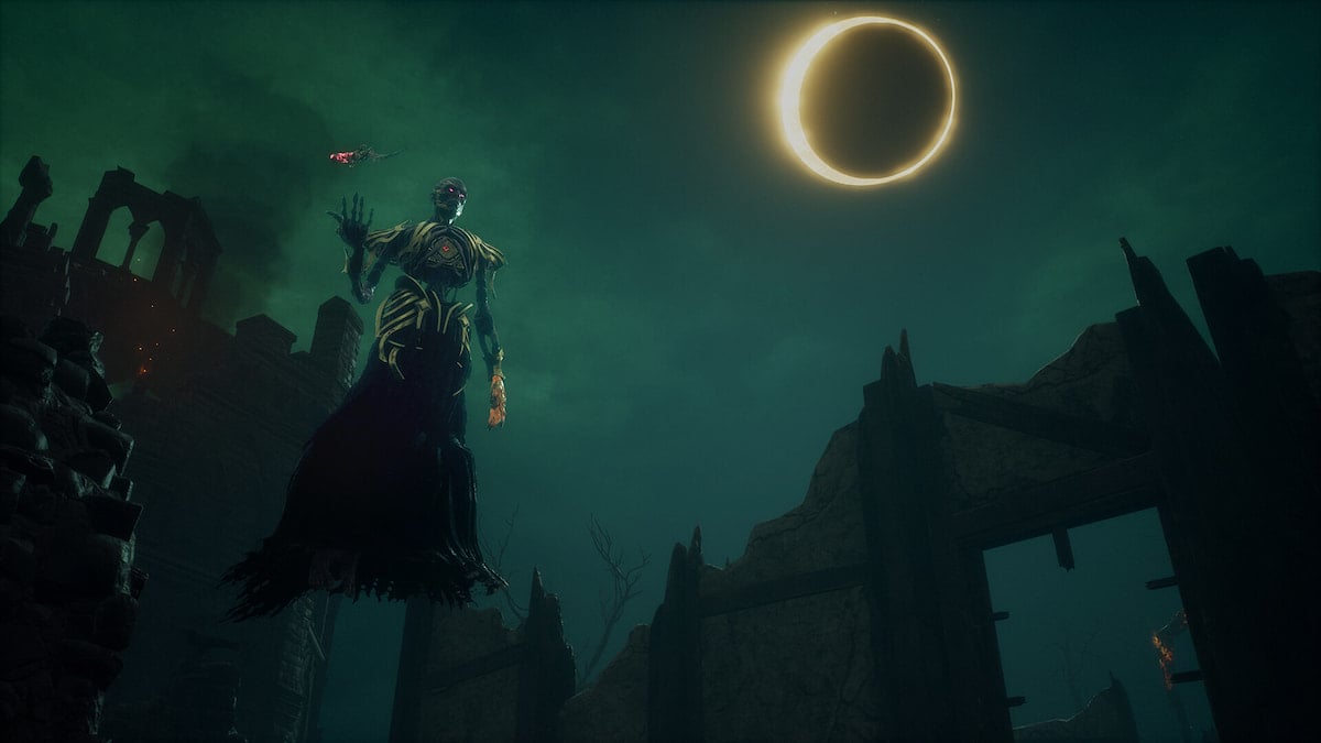 An image from Dead by Daylight of The Lichh flying with a large moon and green sky in the background.