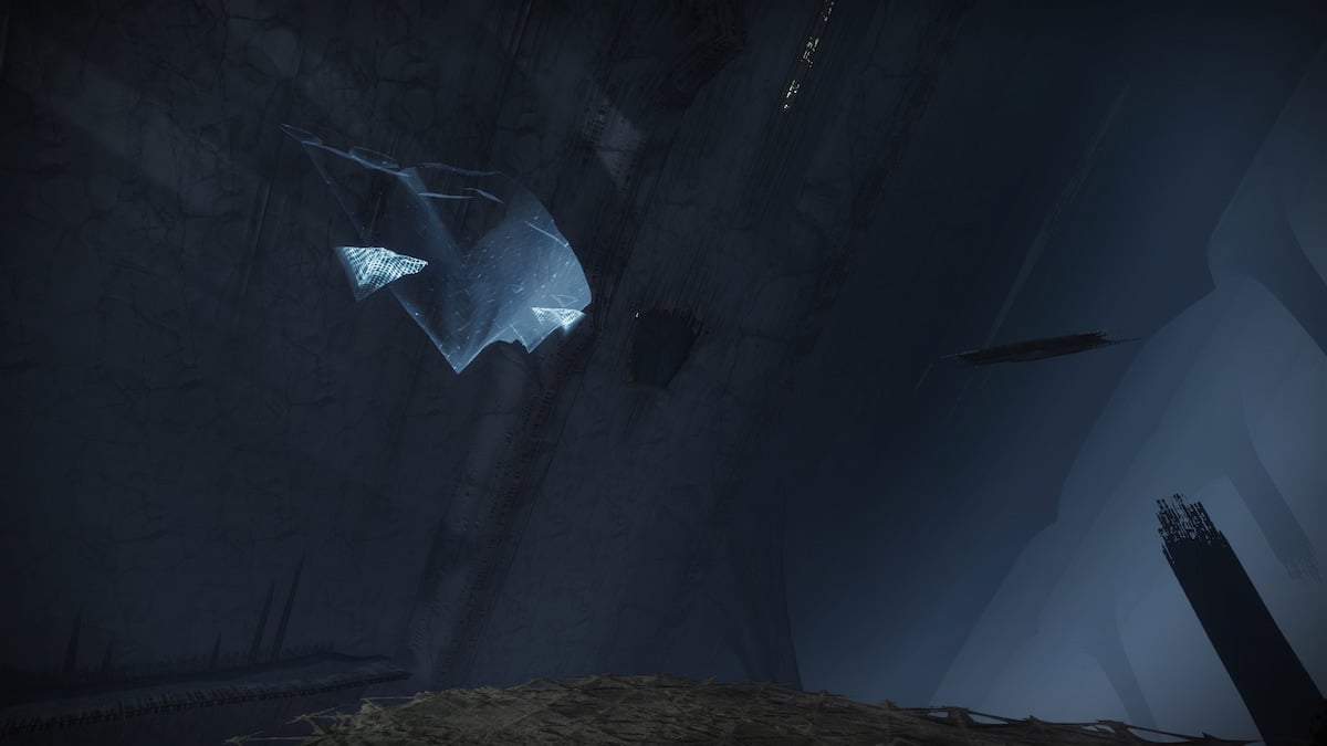 A guardian stands at the edge of the Trenchway, with an invisible platform briefly made visible with a faded effect.