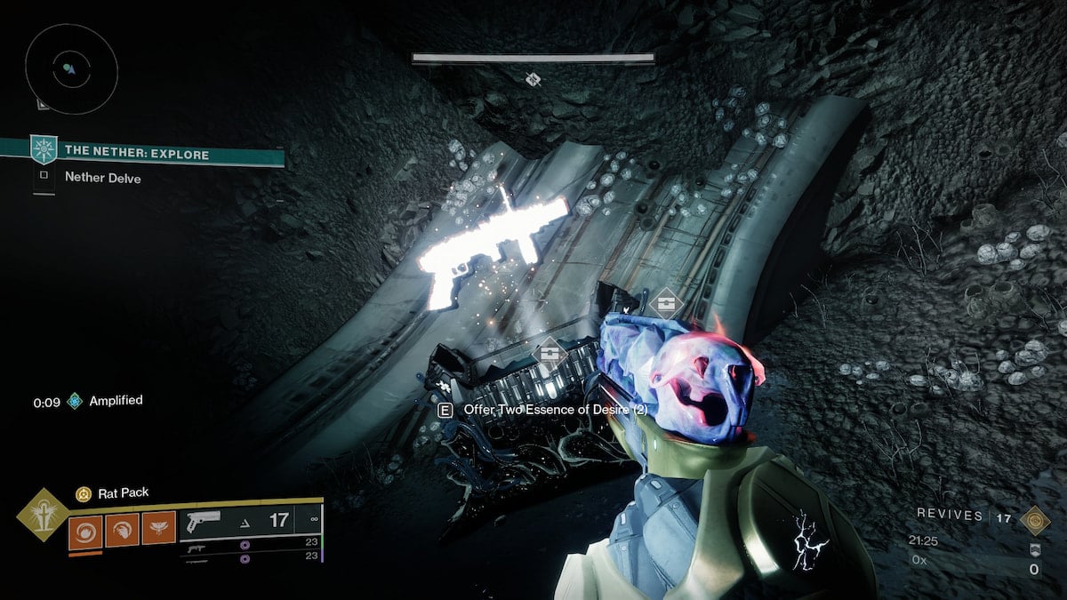 A Guardian spots a chest that costs two Essence of Desire to open. A grenade launcher icon hovers above it.