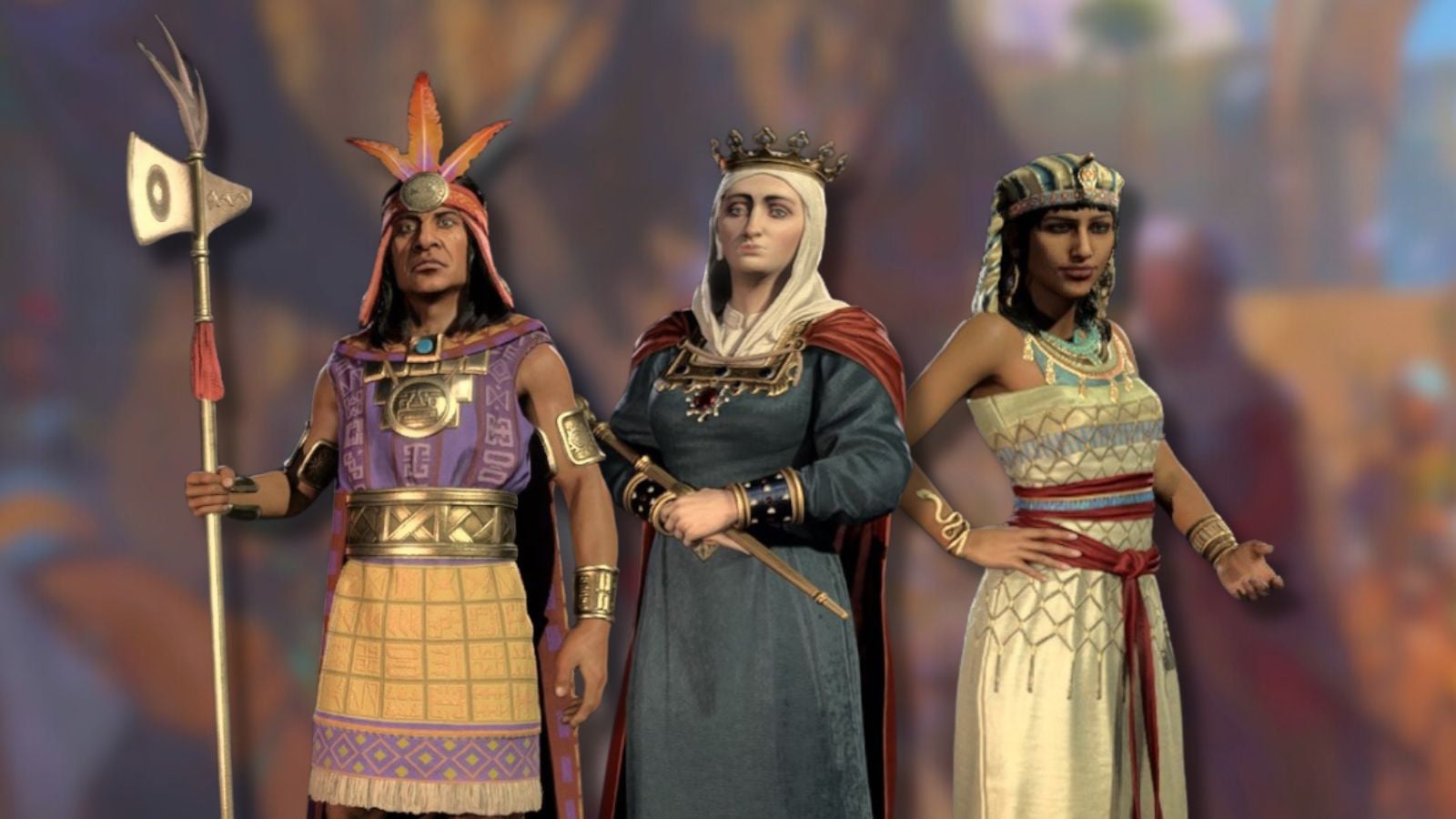 Pachacuti, Isabella, and Hatshepsut Civilization 7 Leaders with key art in the background blurred.