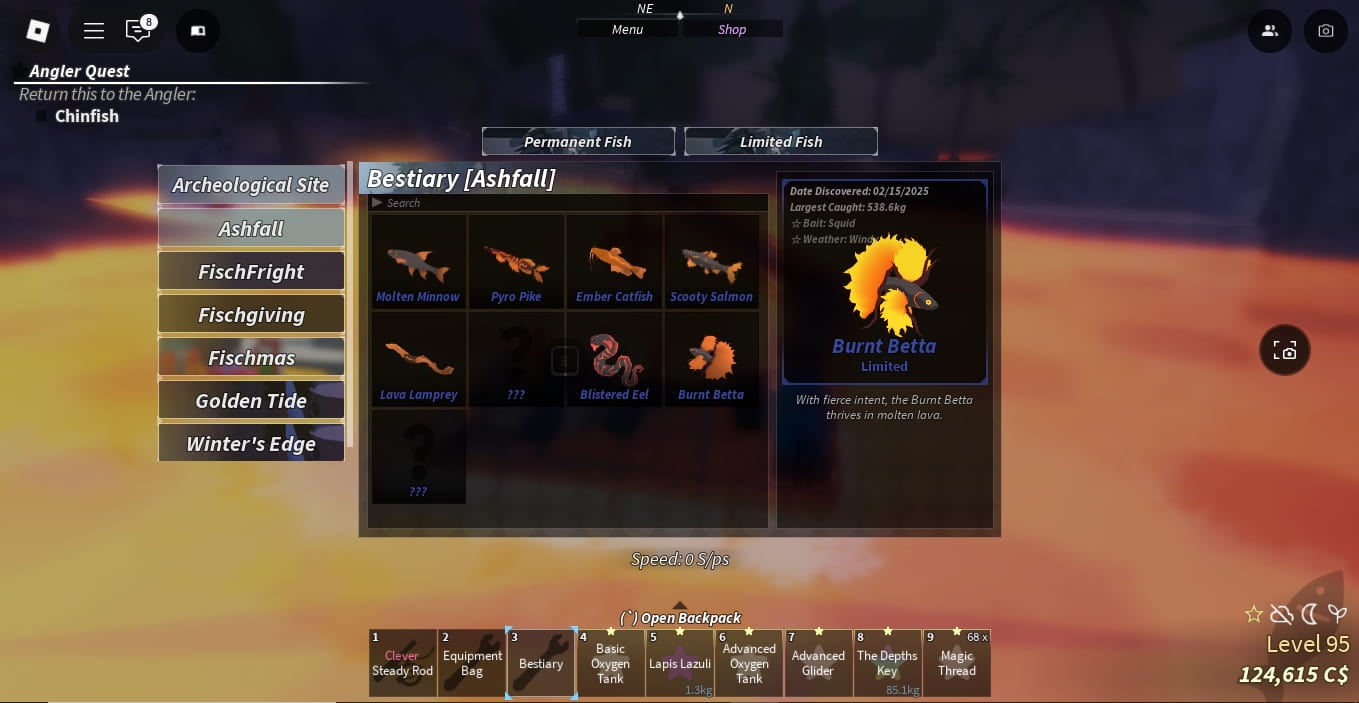 Picture showing the Ashfall bestiary in Fisch.