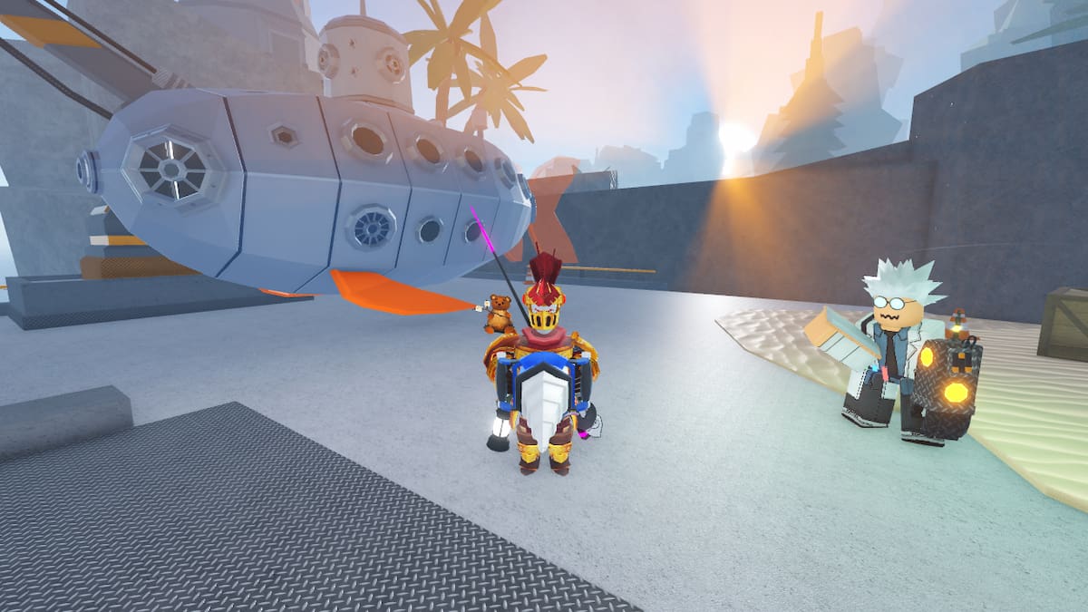 Picture showing player holding a drill to build the submarine.