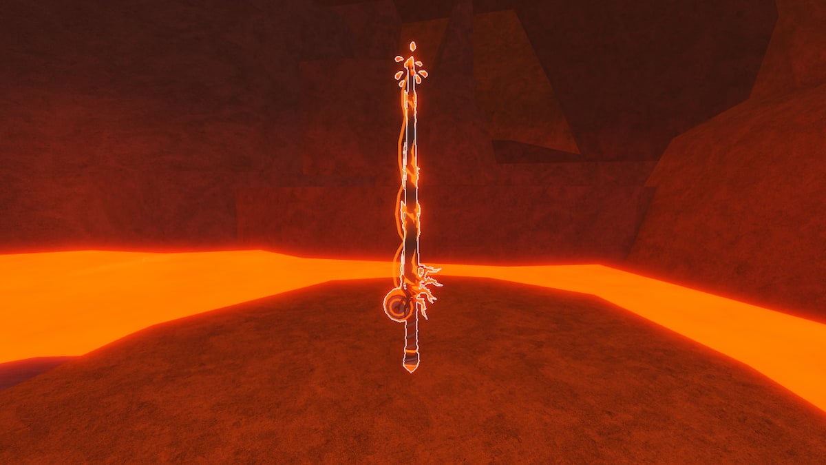 A red fishing rod against a red and orange background. This shows readers the Volcanic rod in Fisch