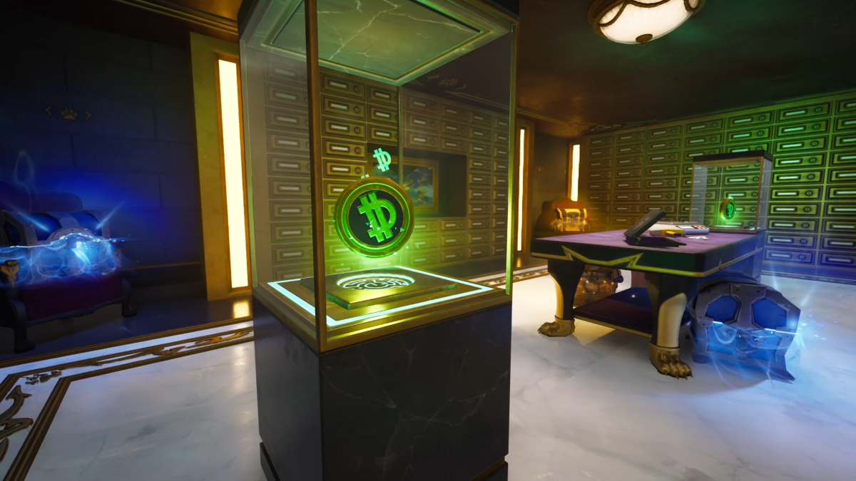 A bank vault in Fortnite showing chests and gold bars available to loot.