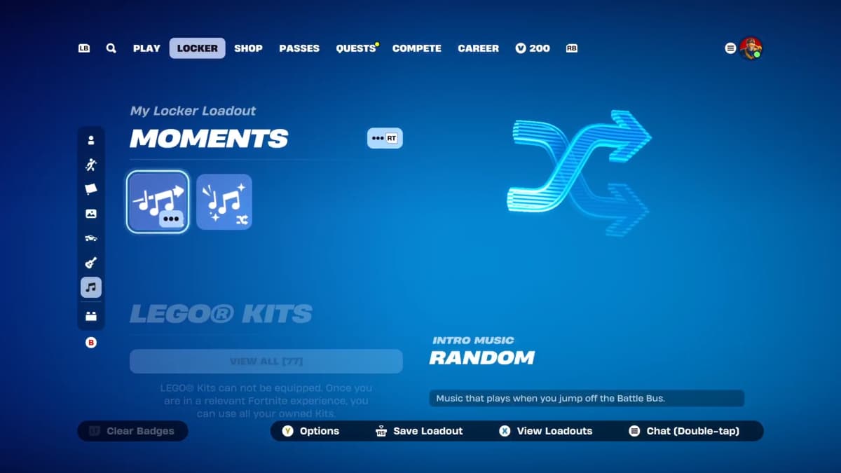 A Locker screen in Fortnite showing the two Moments options.
