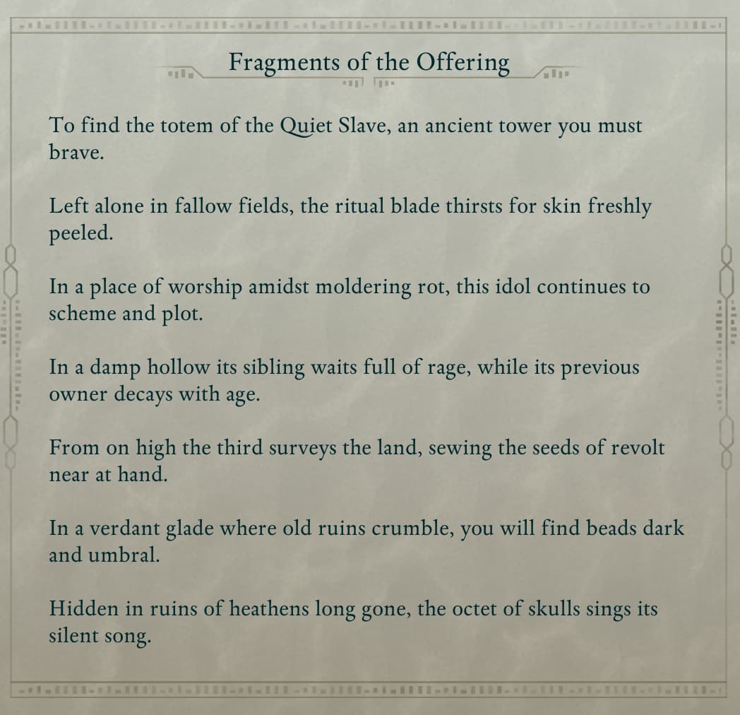 A piece of paper from Avowed showing multiple lines of text, each describing the location of a Totem Fragment in the Emerald Staircase