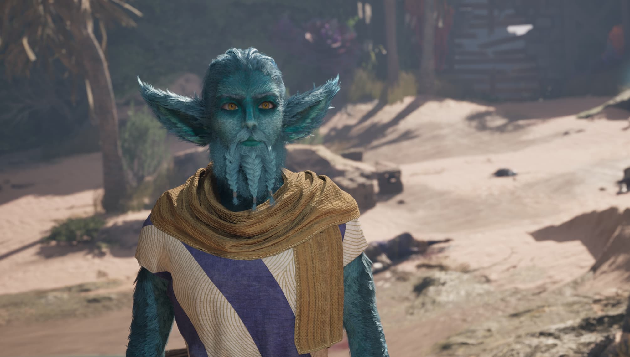 Garryck, a blue small creature with a beard and white-and-blue-striped clothing, standing on a sandy beach