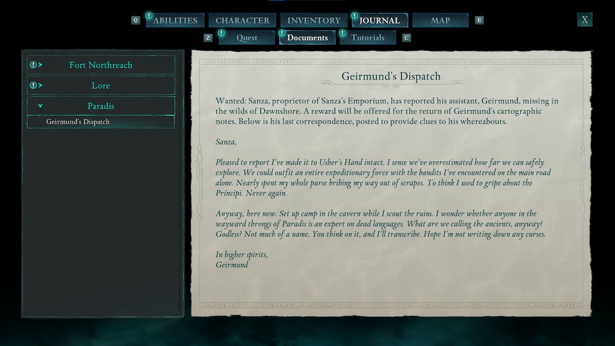 Geirmund's Dispatch, a document you receive for the missing cartographer quest in Avowed.
