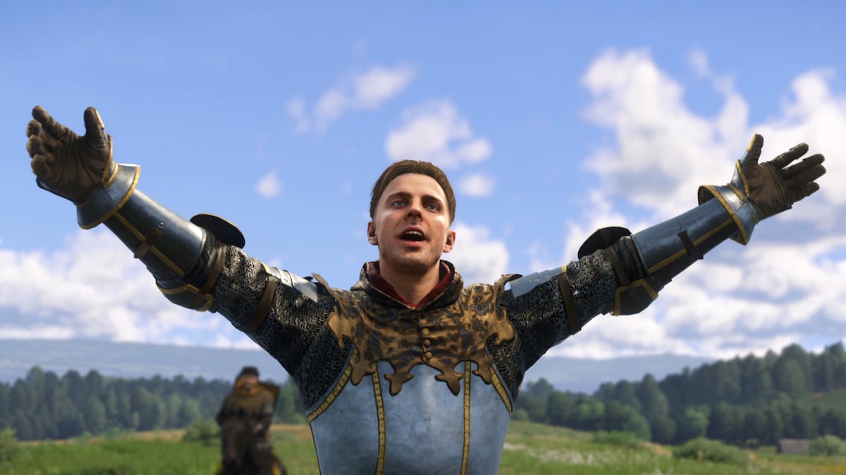 an armored knight with his arms outstretched to the sky