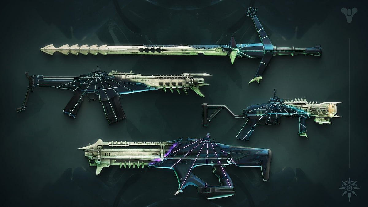 Four Heresy weapons in Destiny 2: Adamantite (AR) Unseen Eye (LFR) Psychopomp (Area Denial GL) and Abyssal Edge (sword).