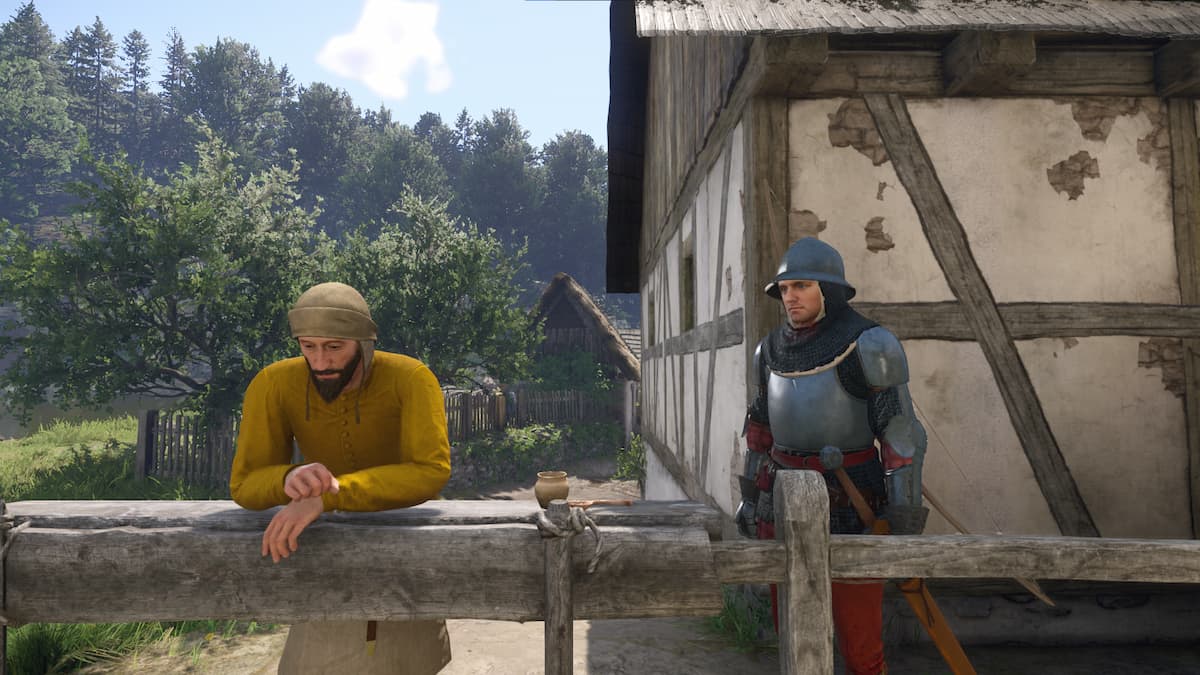 A man and a knight lean against wooden fence posts with a building and forest behind them.