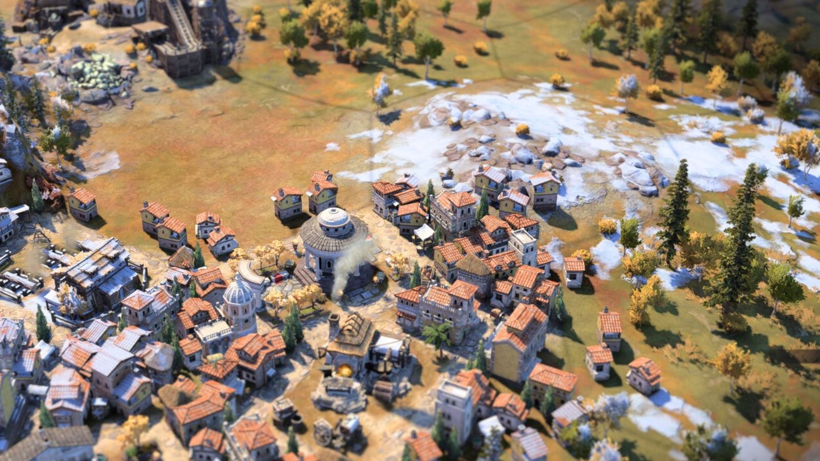 Tilt shift edit of a city in Civilization 7.
