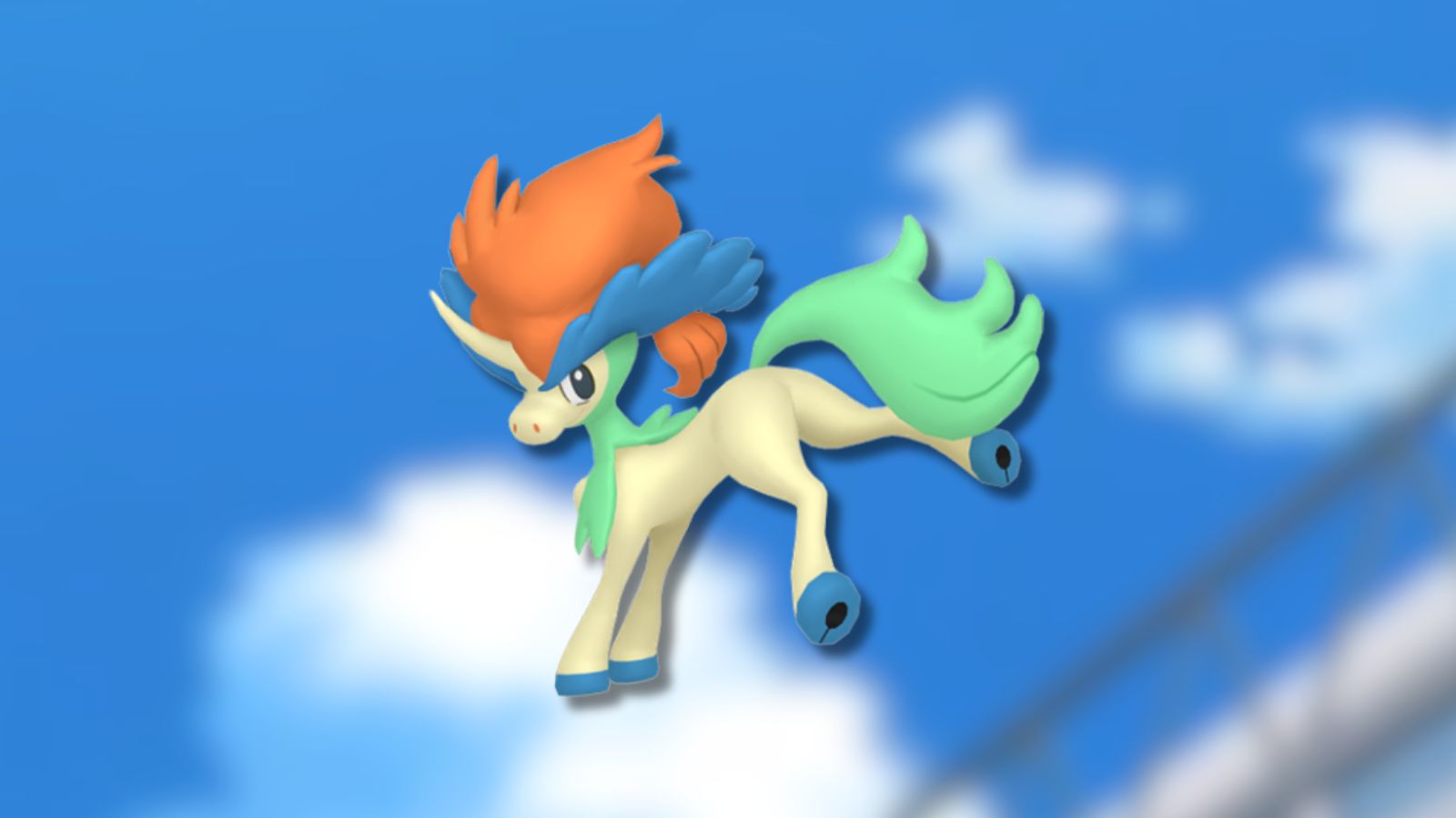 Shiny Keldeo Pokémon with blurry cloud anime background.