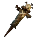 A voodoo-like doll with three tufts of hair from its head and a sharp end at the bottom. This is the Idol of Secret Violent Rebellion from Avowed