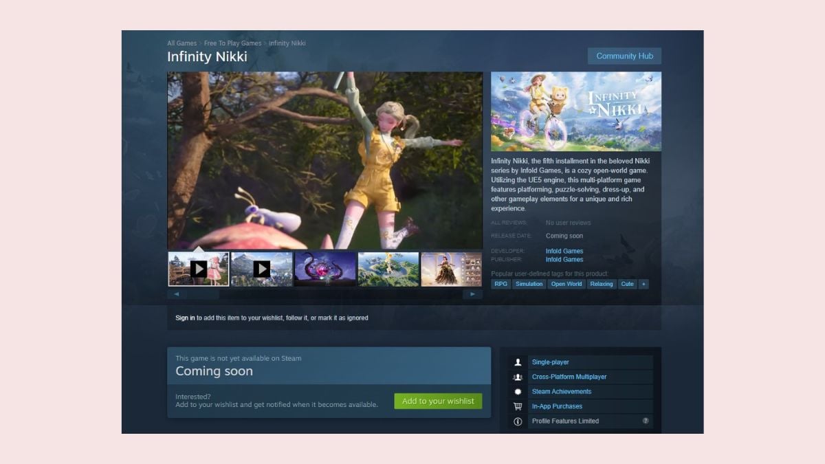 Infinity Nikki Steam page screenshot pasted on