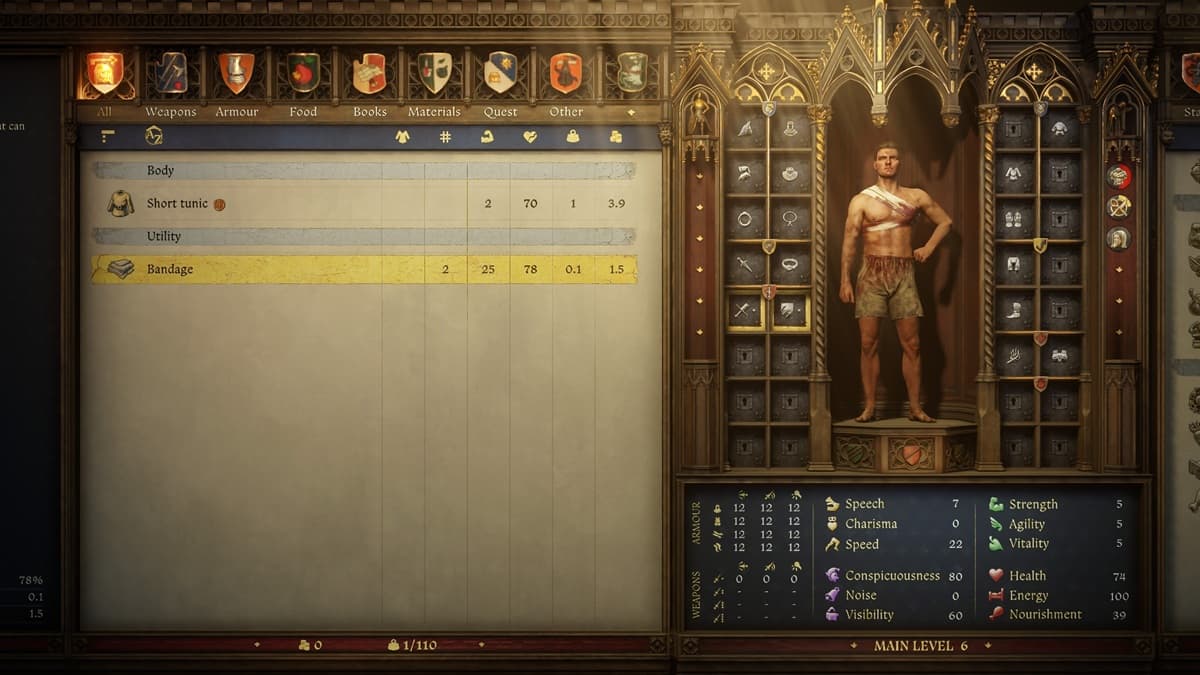 Inventory menu showcasing a bandaged Henry and the bandage item in Kingdom Come Deliverance 2