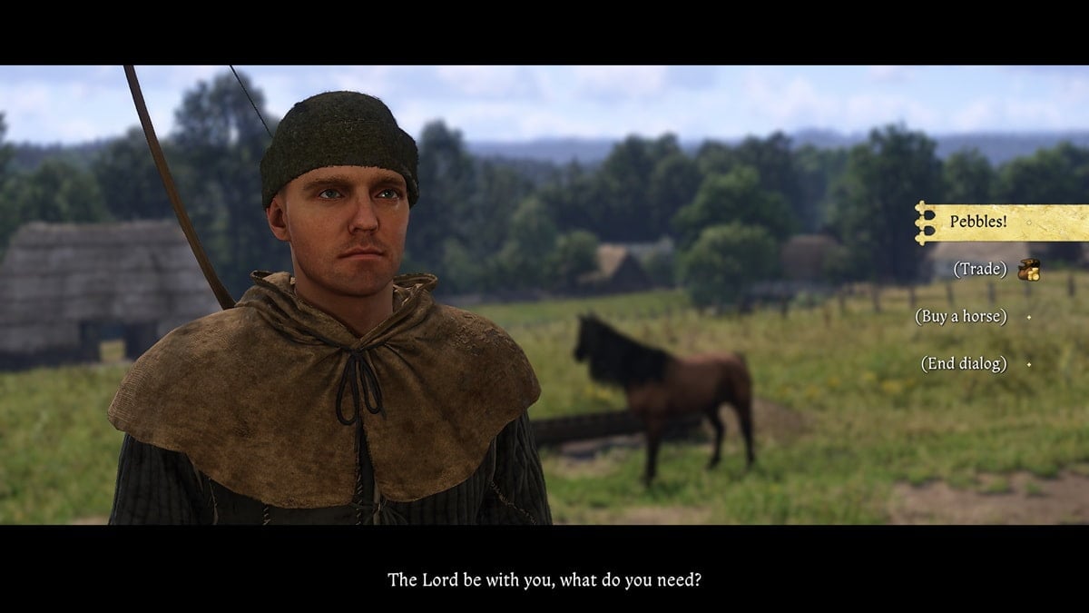 Henry of Skalitz in the midst of conversation standing on a grassy field with a horse in the background