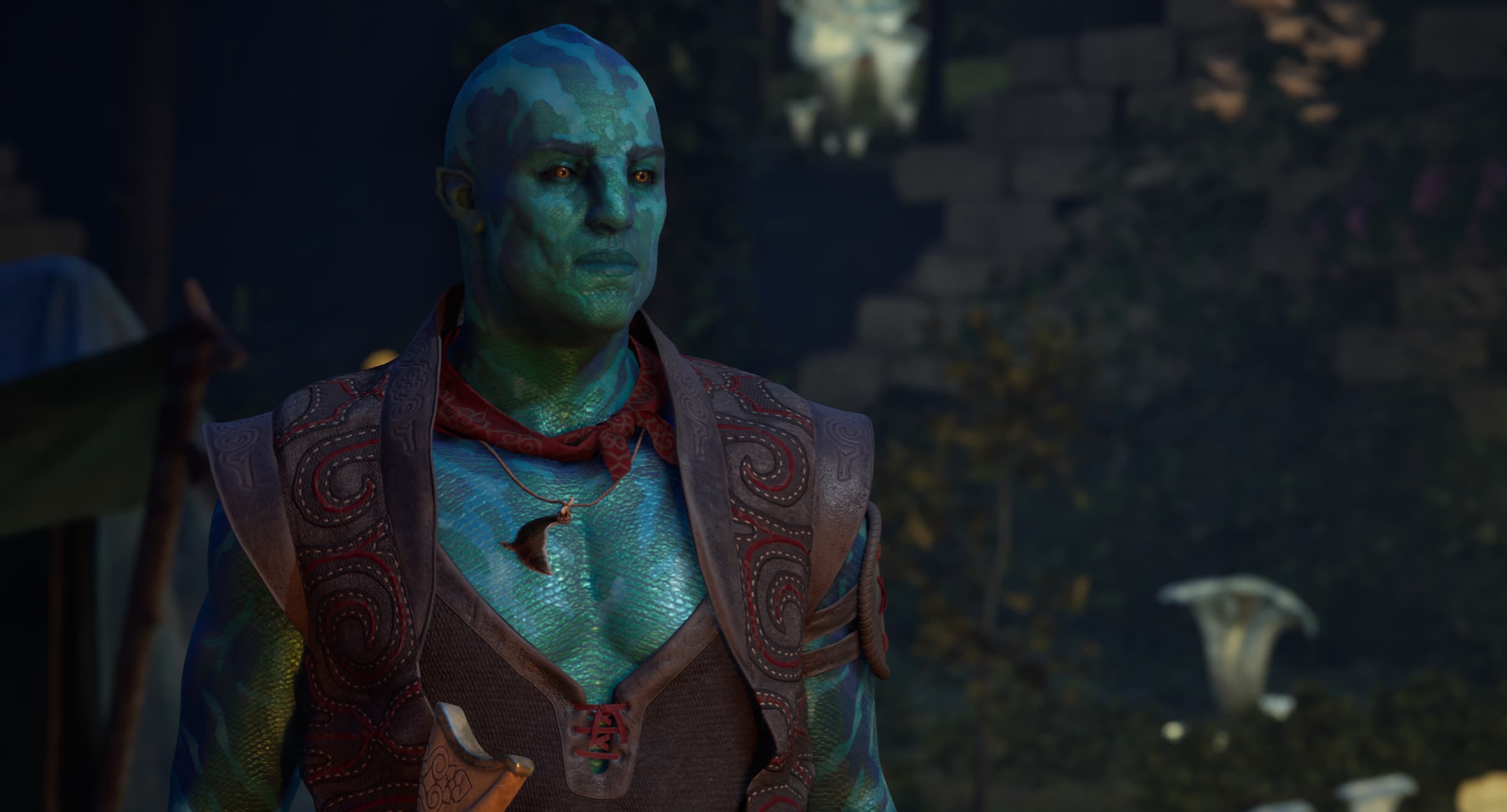 Kai, a bald man with blue scaled skin, wearing a dark leather vest, red bandana around his neck, and a whale necklace.