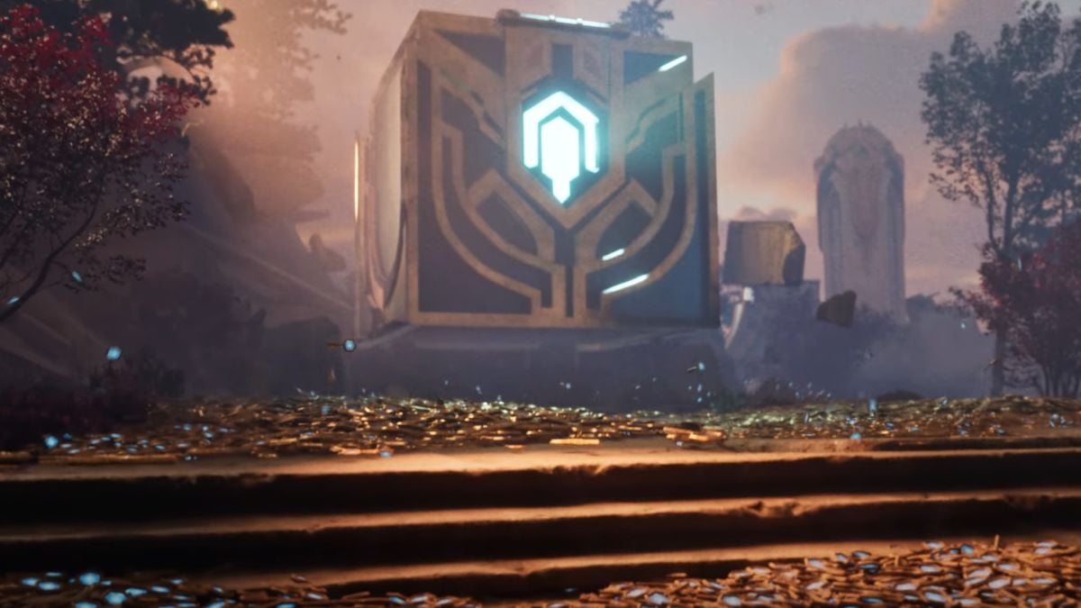 An image from a fan animation inspired by League of Legends thhat features a giant floating Hextech Chest.