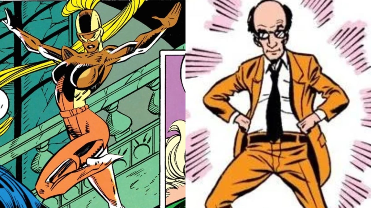 Two images from Marvel Rivals that showcase the character Locus. One is a bald man in an orange suit with a large head. The other is a blonde woman flying.