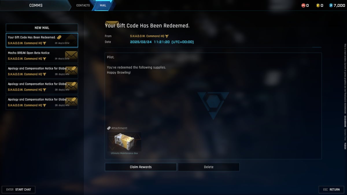 The in-game mail screen in Mecha BREAK showing rewards to claim.