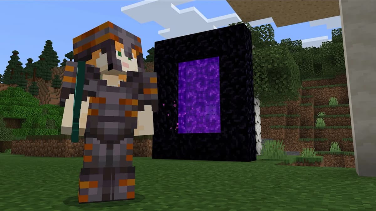 Minecraft character standing in front of the Nether portal.