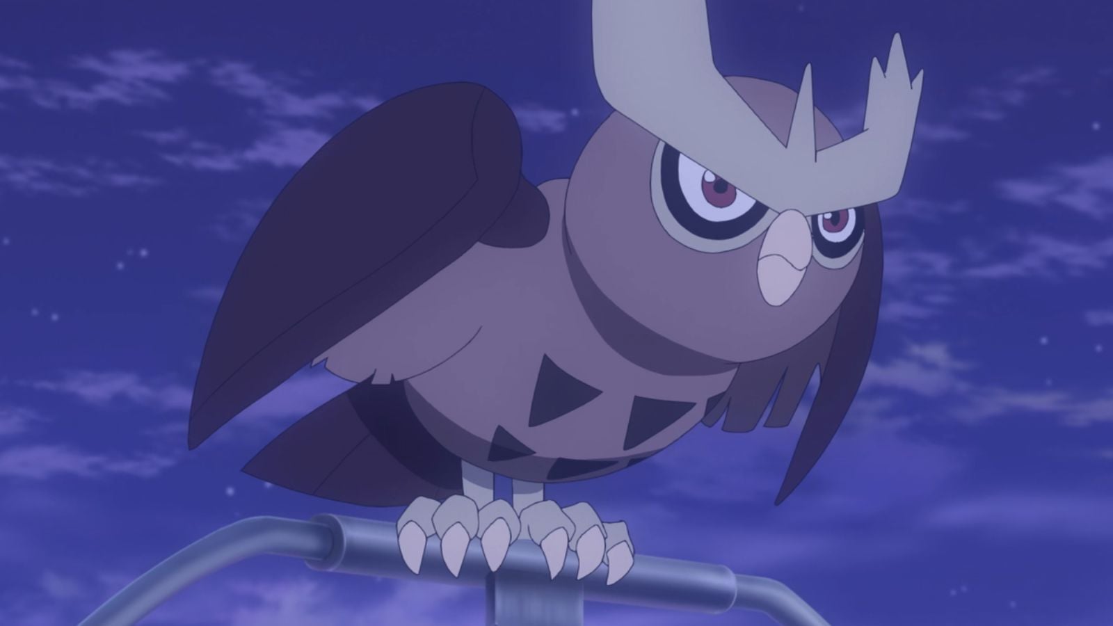 Noctowl Pokemon from the anime with purple color palette.