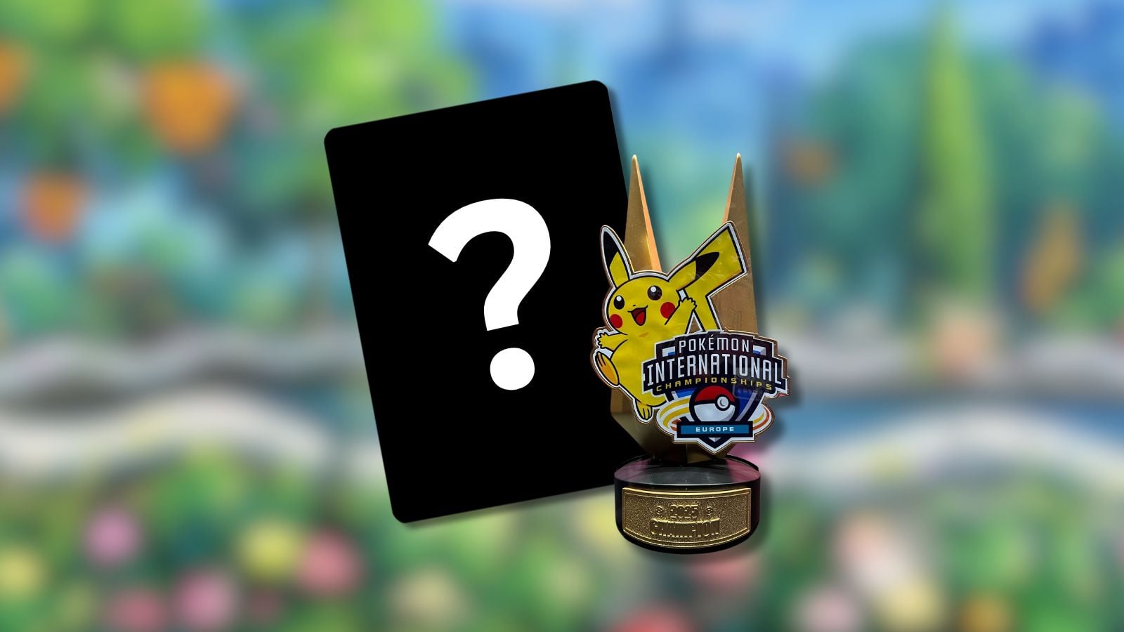 Black Pokémon card with the trophy next to it and a blurred anime background.