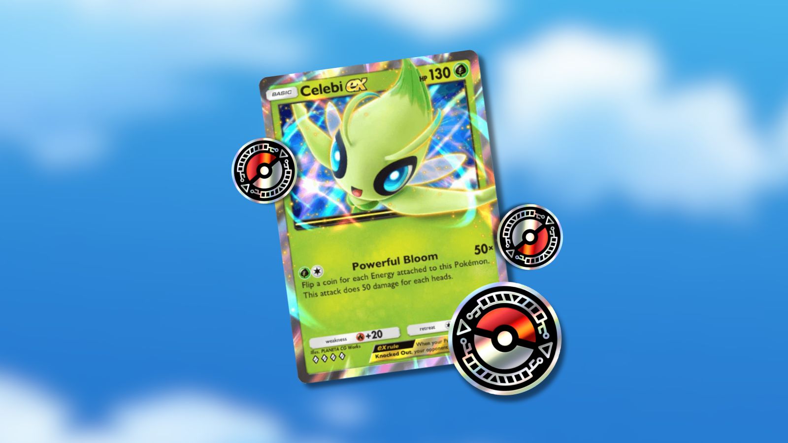 Celebi Pokémon TCG Pocket card with coins and blurred sky anime background.