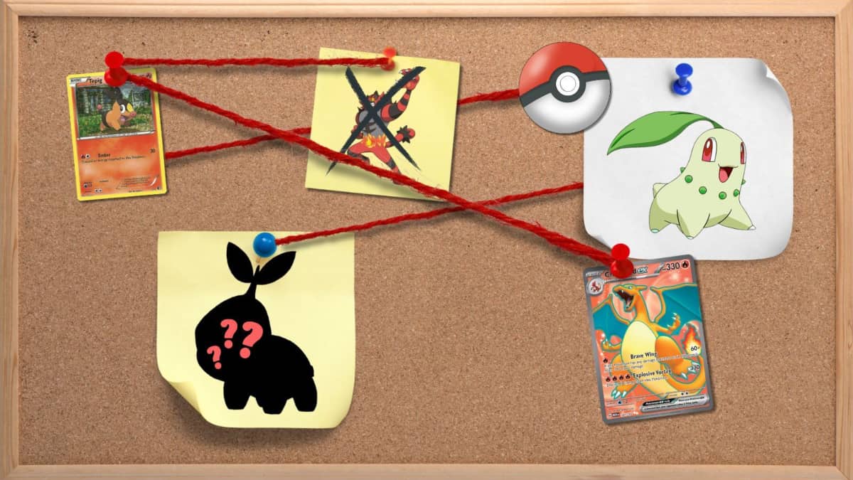 A corkboard with red string linking Pokemon starters and cards.
