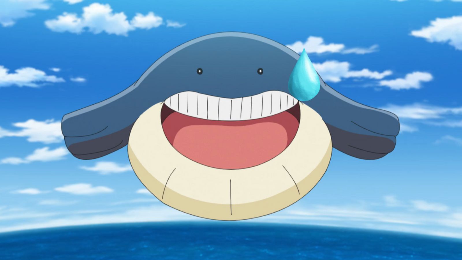 Wailmer Pokémon with bead of sweat with ocean anime background.
