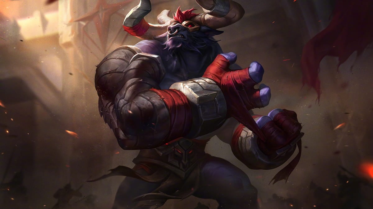 An image of the Reckoner Alistar splash art, which features the bull putting on clothe over his fists.