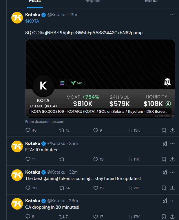 A screenshot of Kotaku's Twitter timeline featuring posts about a crypto coin.