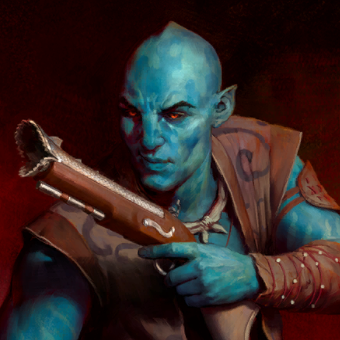 Kai, a blue bald fish-like man wearing leather garments and holding a pistol, from Avowed