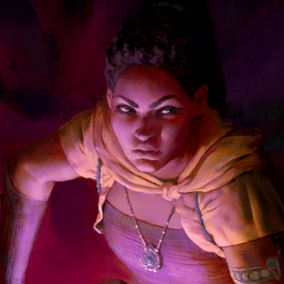 An Avowed screenshot of Giatta, a woman with dark hair wearing a half yellow sweater that covers the tops of her arms.