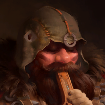 An Avowed screenshot of Marius, a dwarf with a long dark beard wearing a hood and playing a flute instrument.