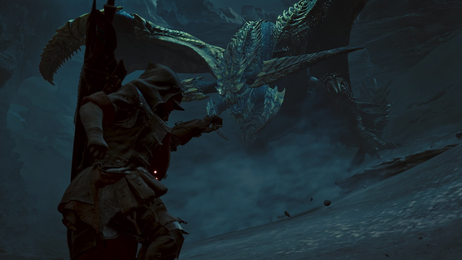 A hunter in Monster Hunter Wilds faces down a dragon-like creature.