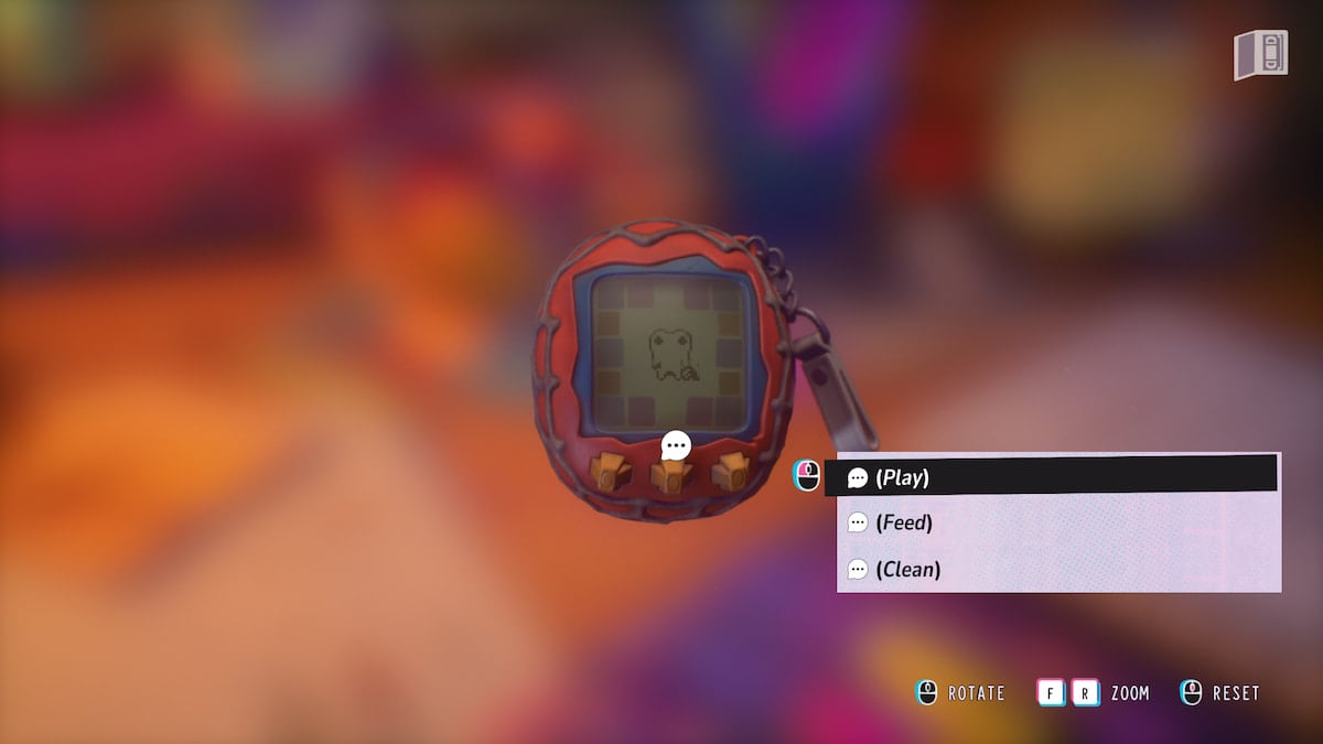 a Tamagotchi digital pet with choices of feeding, playing, and cleaning