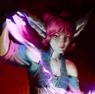 Yatzil, a pink-haired furry creature, holds her hands up in pink aura from a book.
