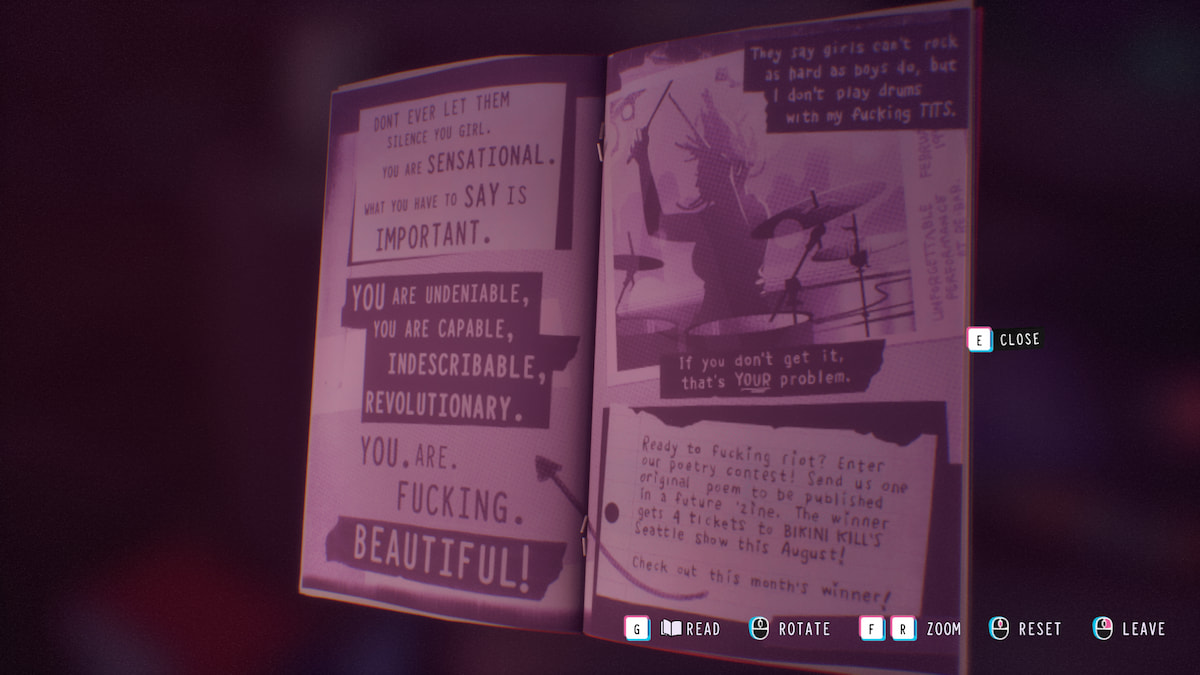 a pink Zine with feminist messaging and the announcement of a competition to win Bikini Kill tickets