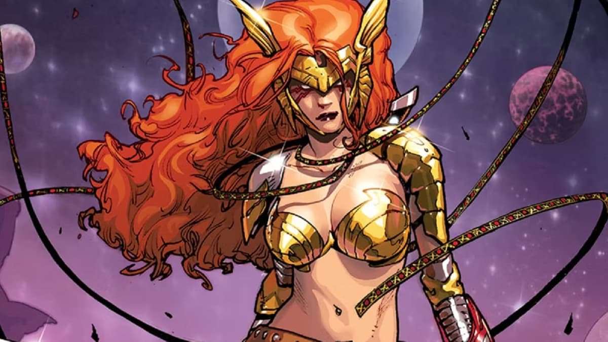 A woman in scant armor and long red hair walks forward.