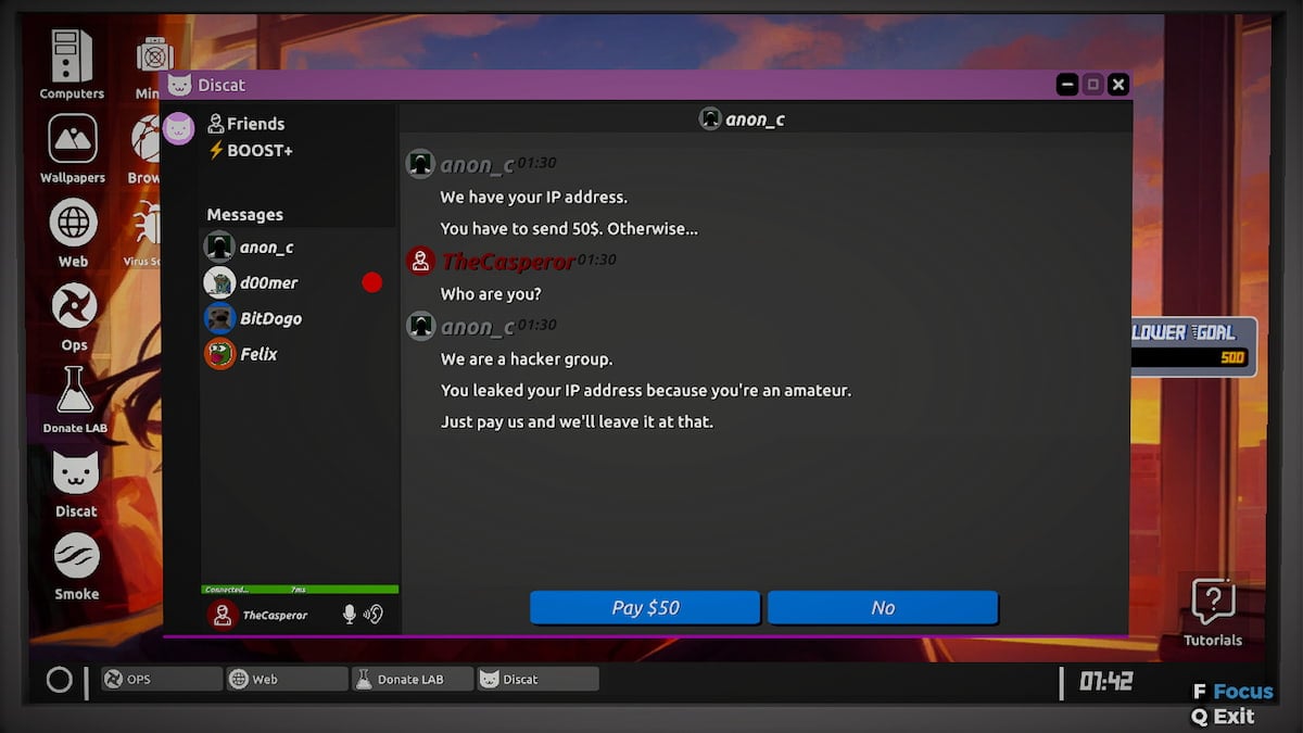 Picture showing the hacker in Streamer Life Simulator 2 asking for a ransom to not send the SWAT team.