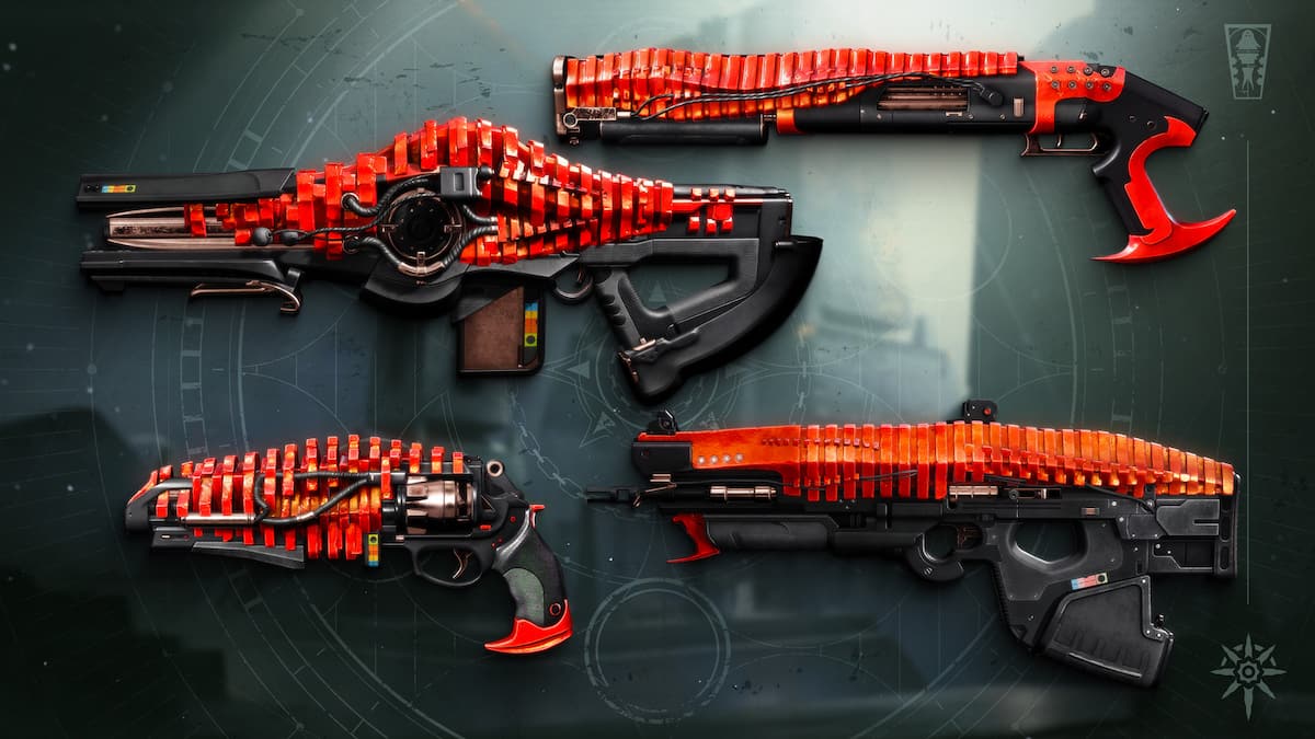 Four weapons in the Sundered Doctrine dungeon in Destiny 2, including a trace rifl,e a shotgun, a hand cannon, and a scout rifle