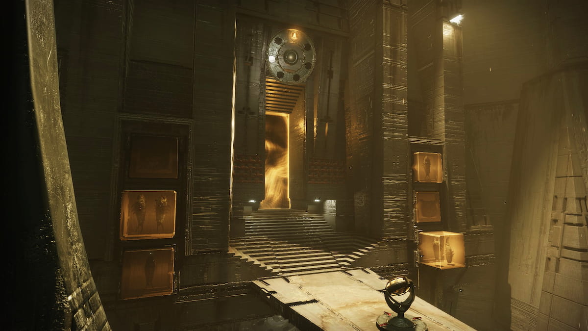 A piece of the Sundered Doctrine dungeon, with a colossal door blocking the path.