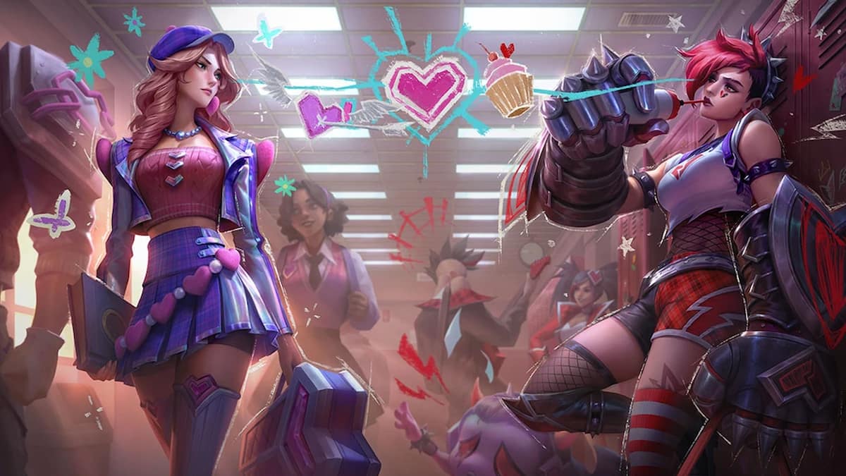 Picture showing the Vi and Caitlyn Heartache skins in League of Legends.