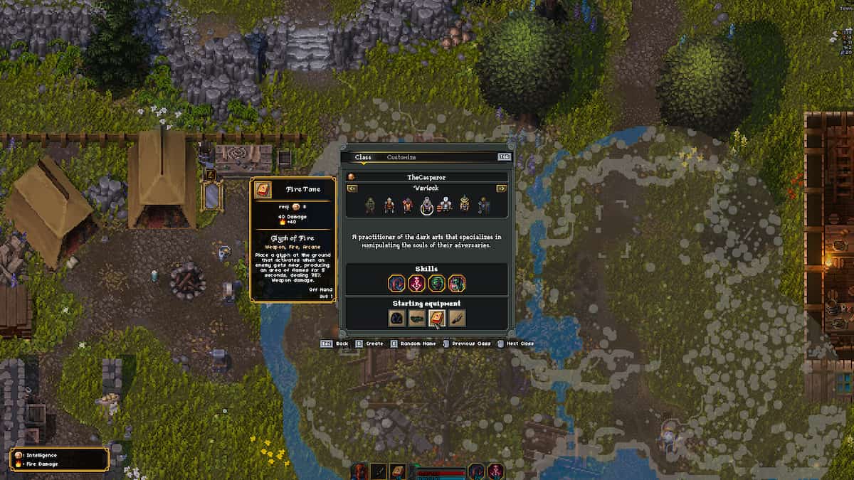 Picture showing the classes and the Warlock in Heroes of Hammerwatch 2.