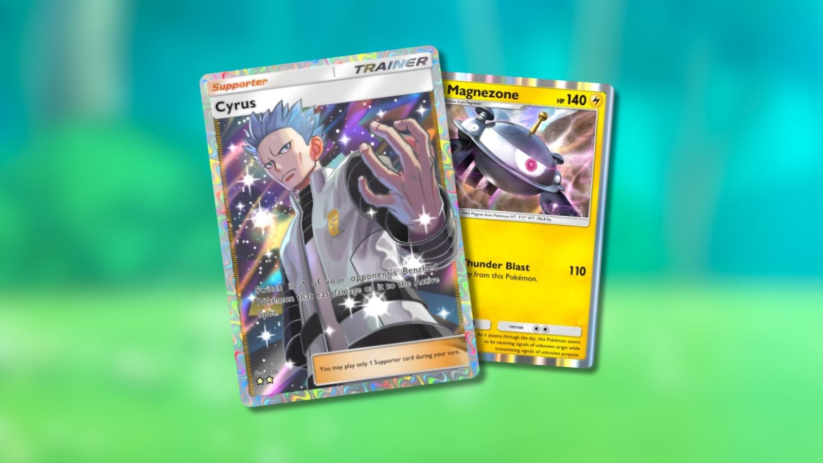 Pokémon TCG Pocket Cyrus and Magnezone cards with blurred anime background.