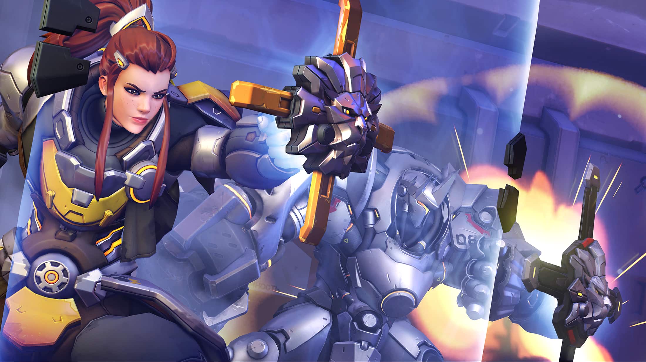 Brigitte and Reinhardt advance forward with their shields out.